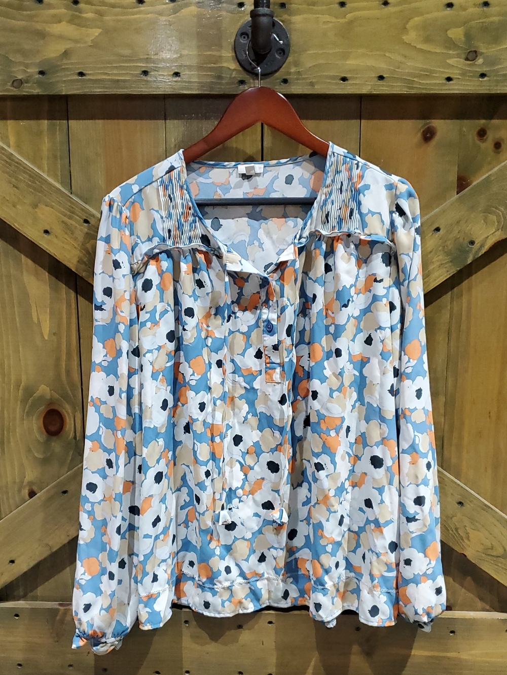 Joie Blue and Peach Floral Tie-Neck Blouse Casual Or Dressy Romantic Cottage